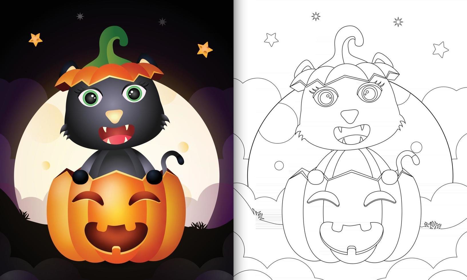 coloring book with a cute black cat in the halloween pumpkin vector