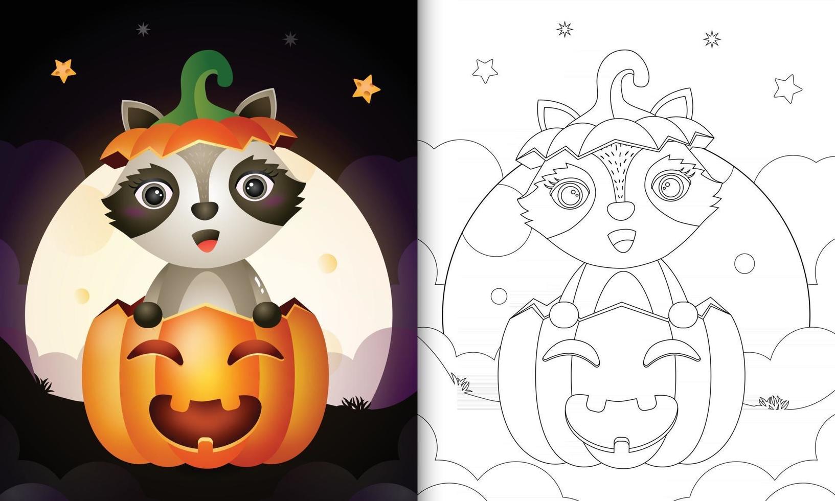 libro para colorear con un lindo mapache en la calabaza de halloween vector