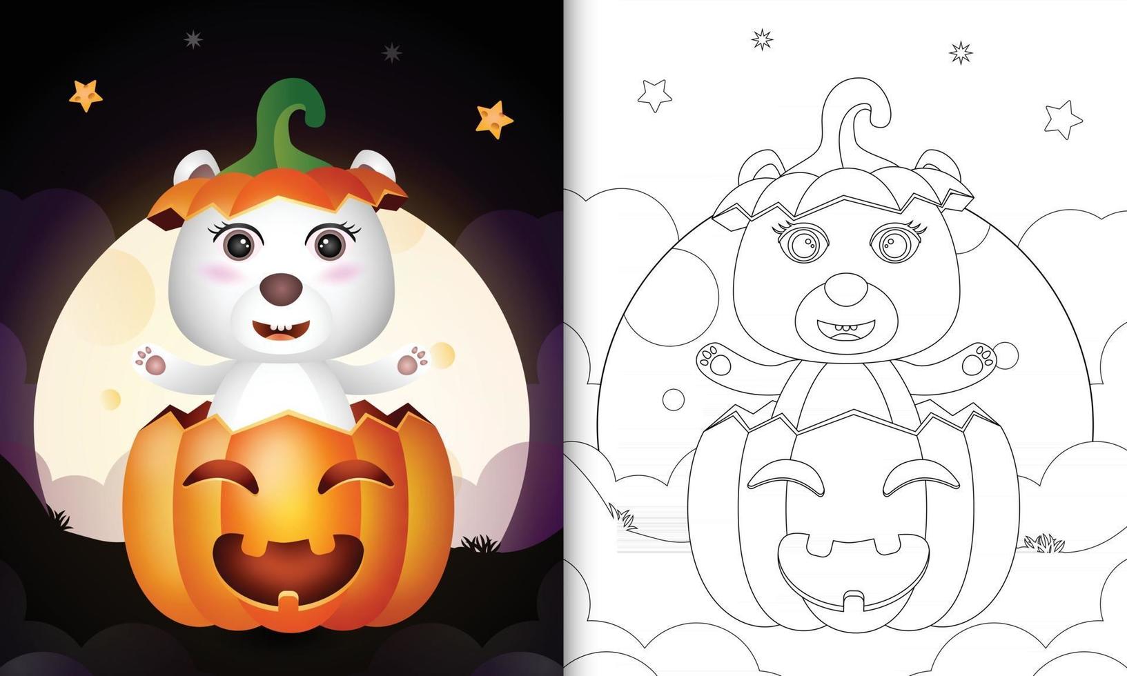 coloring book with a cute polar bear in the halloween pumpkin vector