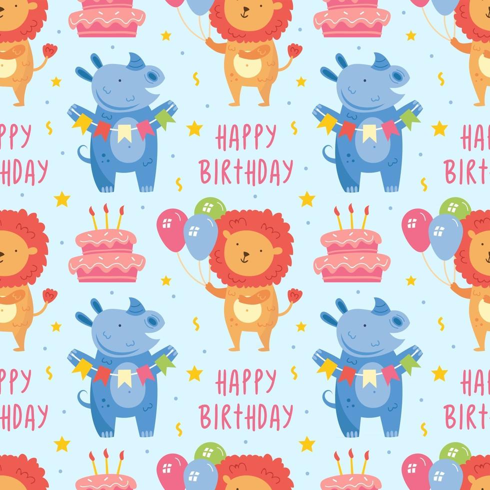 feliz cumpleaños, seamless, patrón, animal, león, con, globos, rinoceronte, torta vector