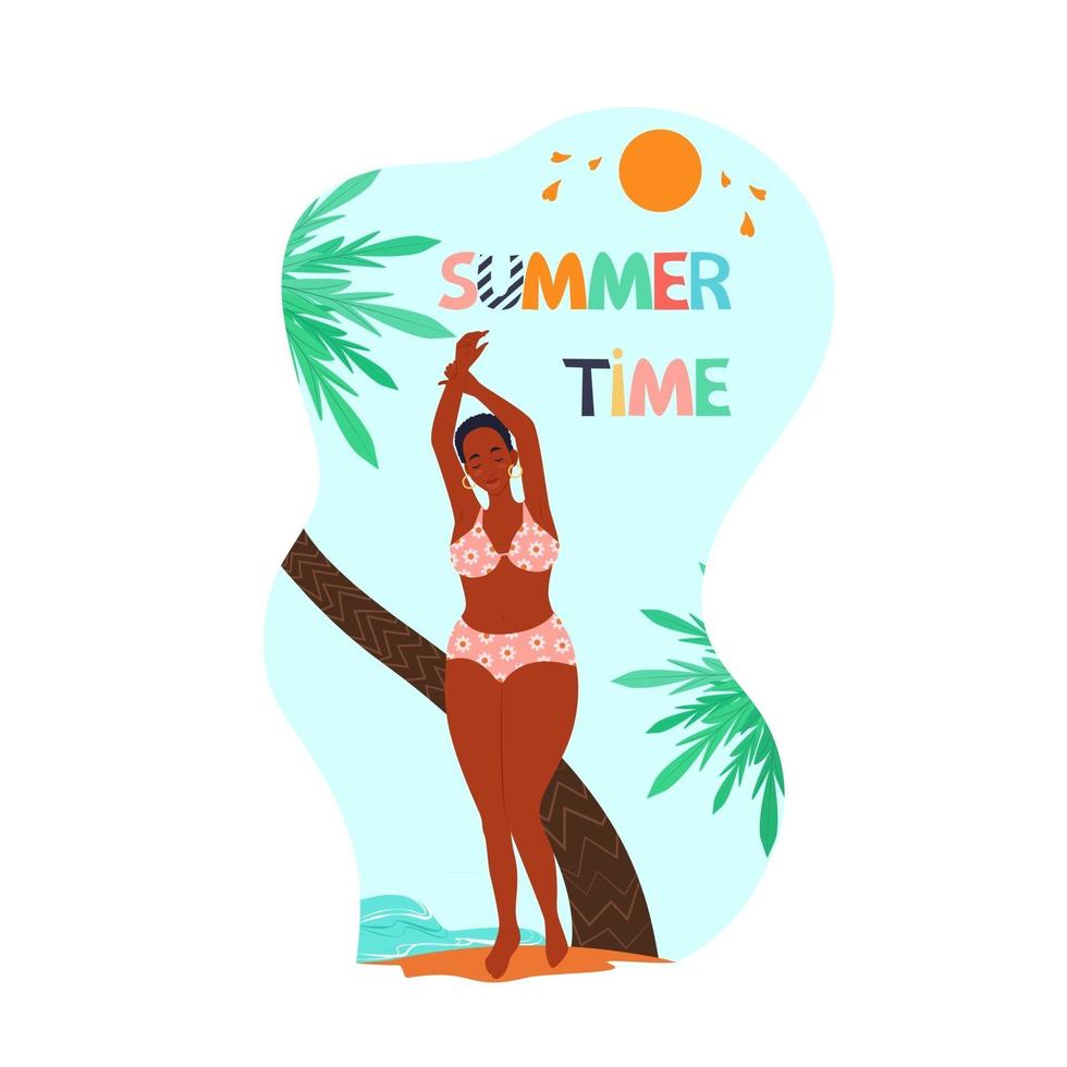 African woman in swimsuit enjoys summer time vector illustration