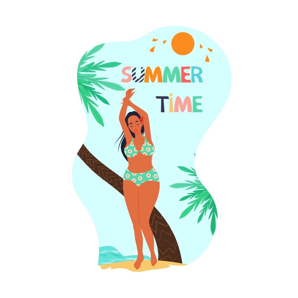 Girl in a bathing suit on the beach enjoys rest vector illustration