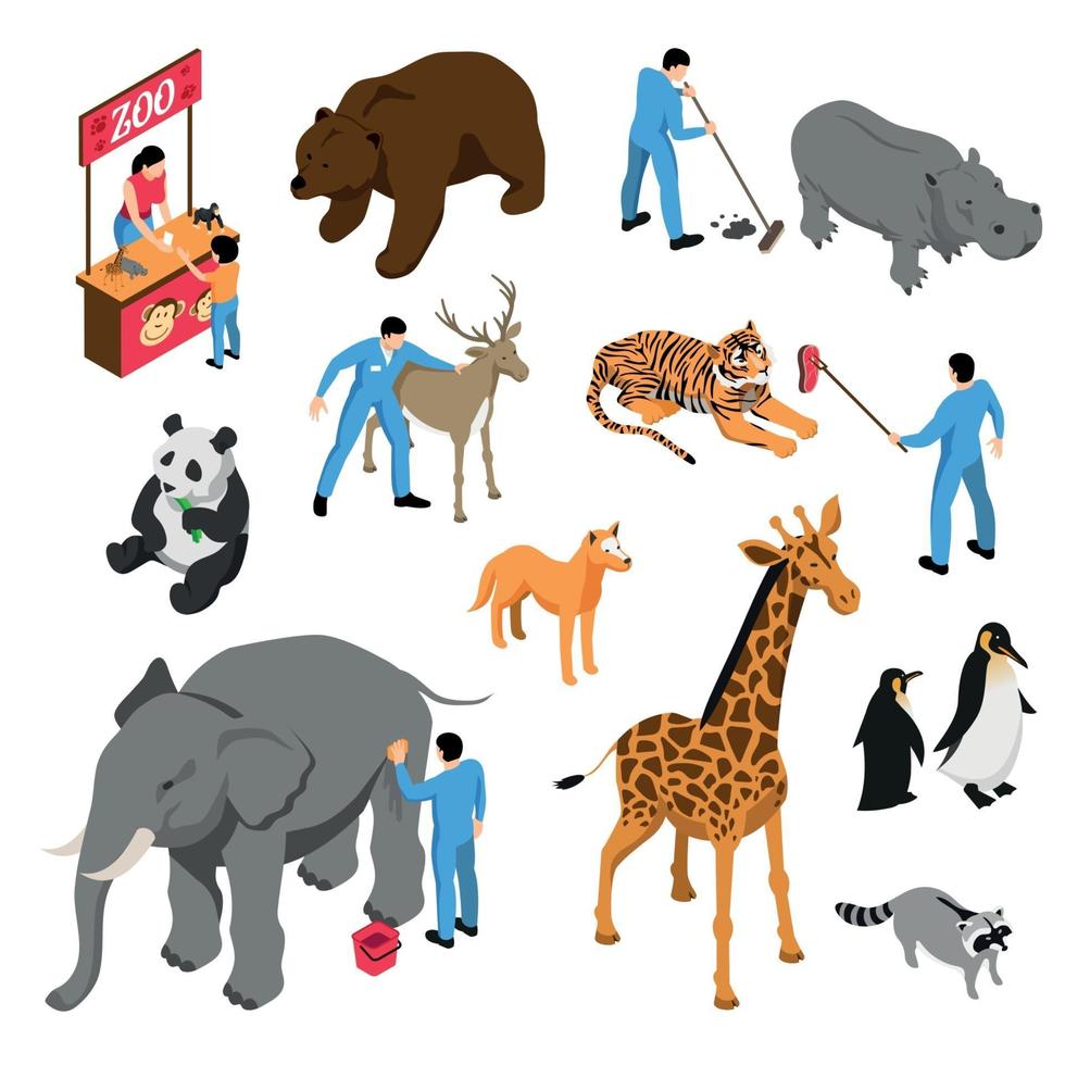 Zoo Workers Isometric Set Vector Illustration