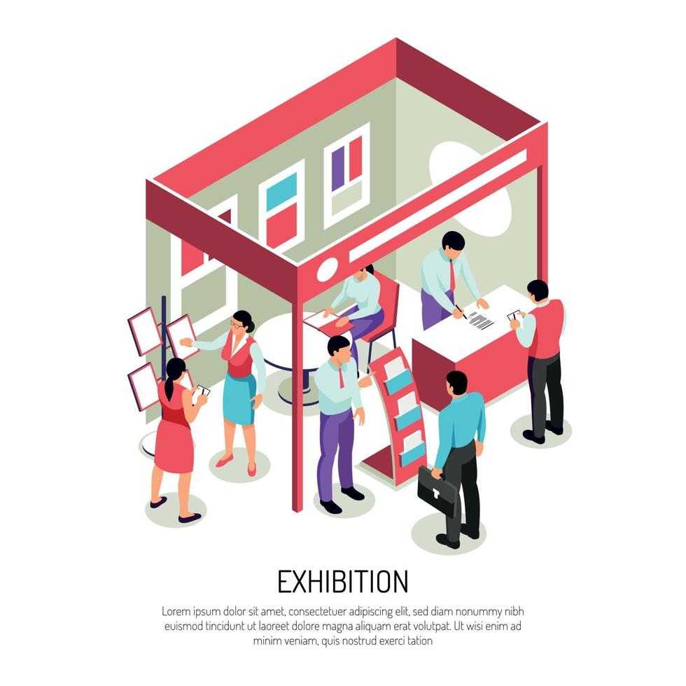 Exhibition Isometric Booth Background Vector Illustration