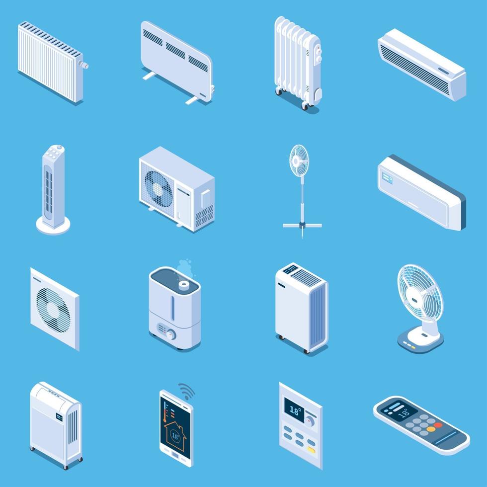 Ilustración de vector de iconos isométricos de control de clima doméstico