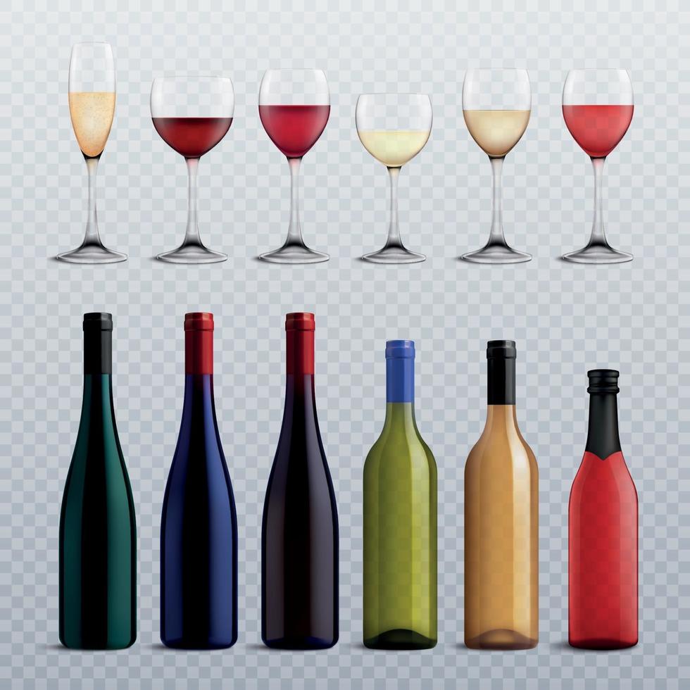 Botellas de vino y vasos transparente conjunto ilustración vectorial vector