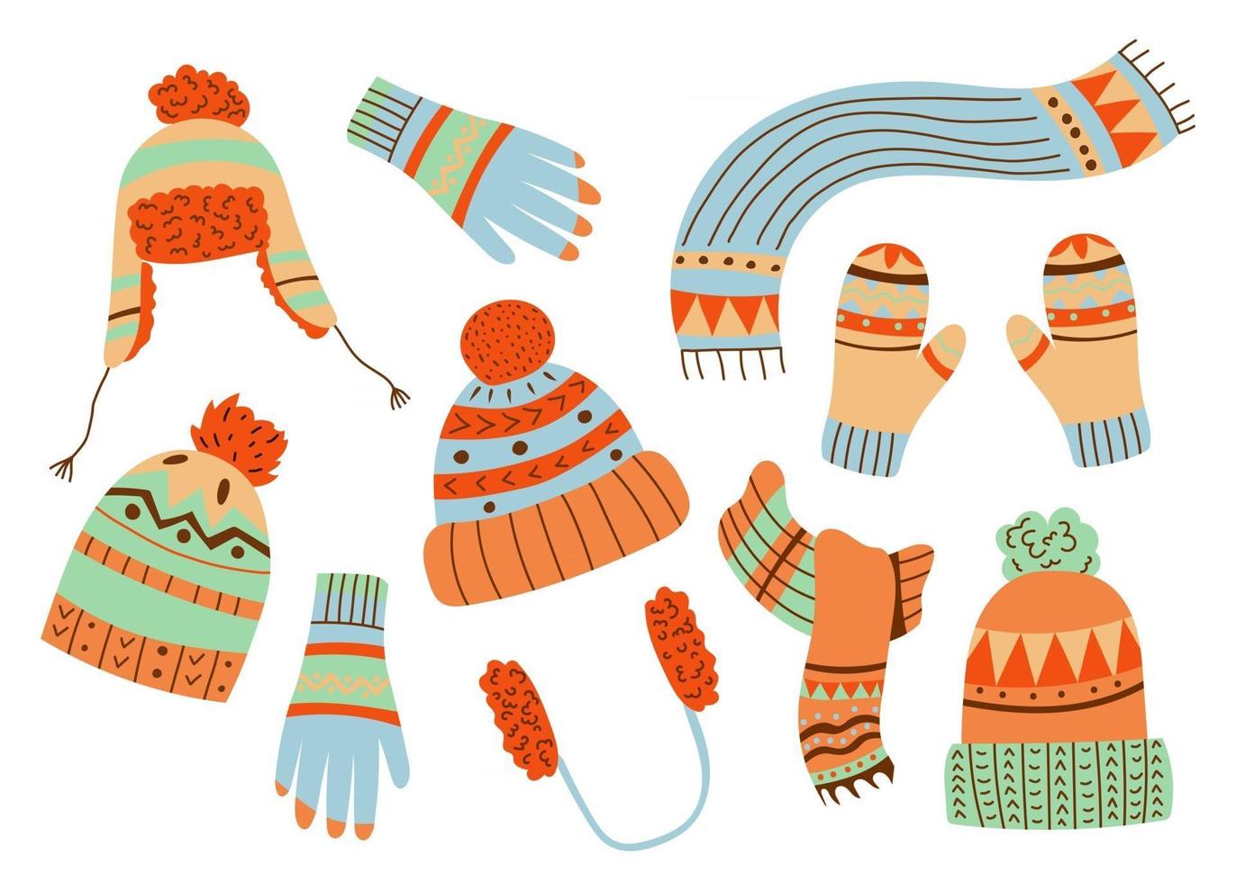 winter knit hats and caps. Hand drawn vector style. Warm accessories