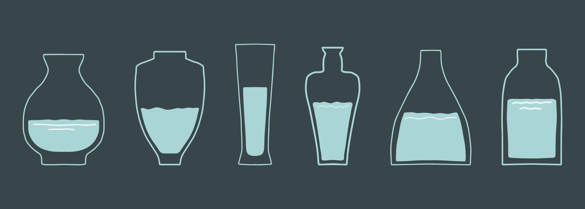 Various glass vases. Various shapes. Hand drawn vector set