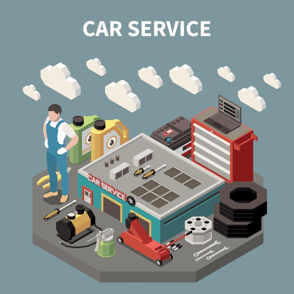 Colored Isometric Car Service Composition Vector Illustration