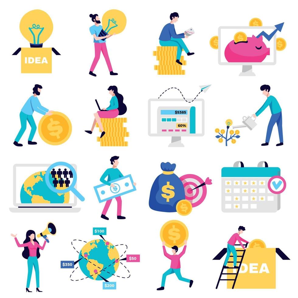 Crowdfunding Flat Icons Set Vector Illustration