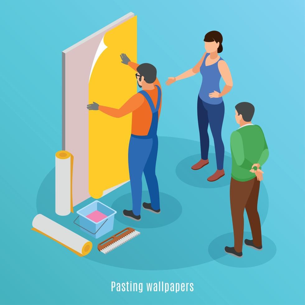 Pasting Wallpaper Isometric Background Vector Illustration