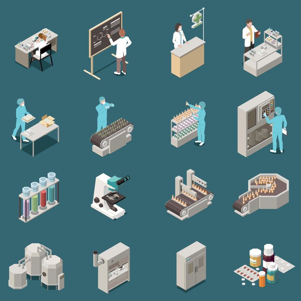 Pharmaceutical Production Isometric Icon Set Vector Illustration