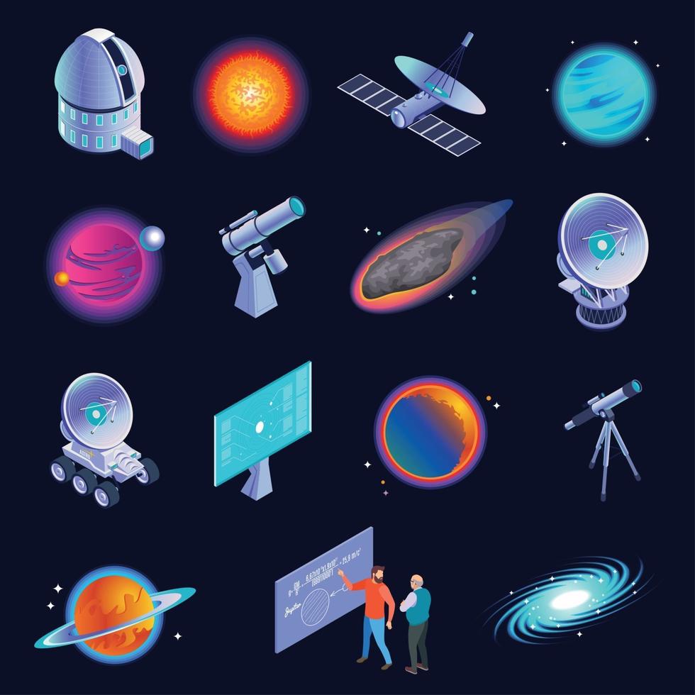 Ilustración de vector de iconos isométricos de astrofísica