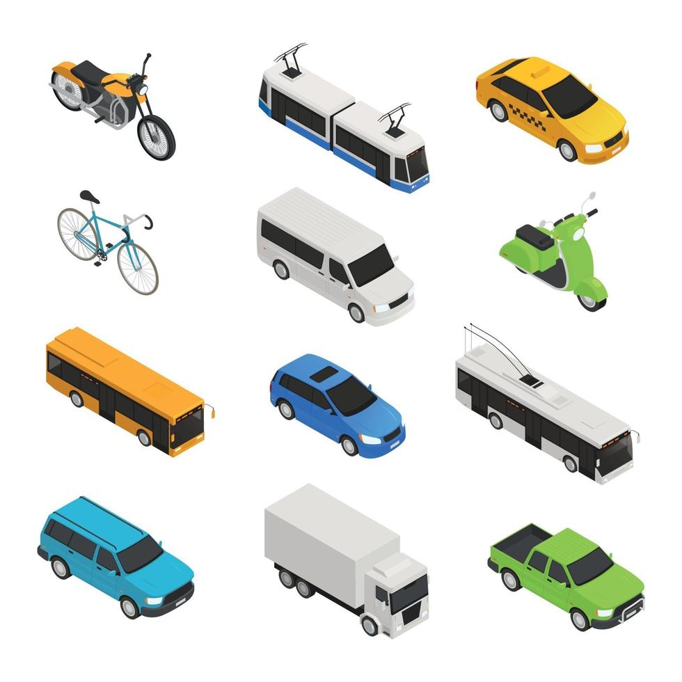 Ilustración de vector de conjunto de iconos isométricos de transporte de la ciudad