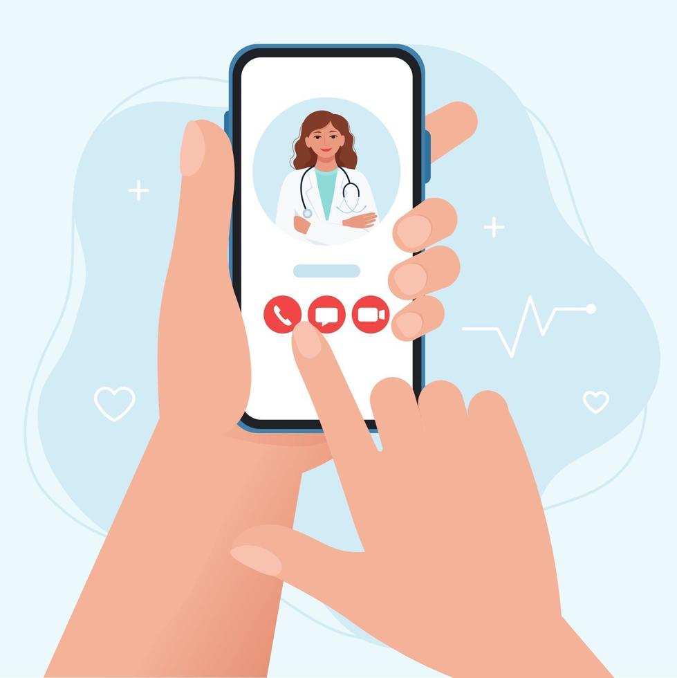 Medical consultation and treatment via application of smartphone connected internet clinic. Online doctor consultation technology in smartphone. Hand holding smartphone. Flat vector illustration