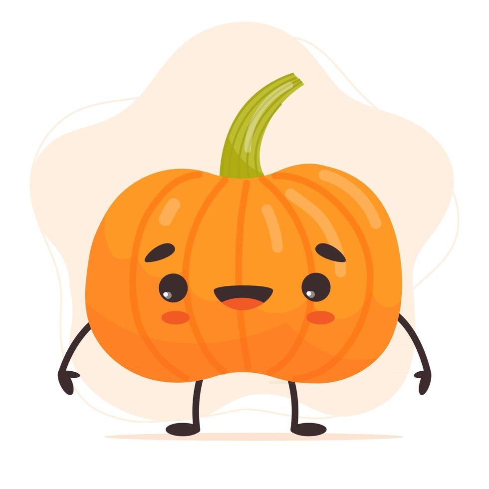 Cute happy pumpkin character. Funny vegetable emoticon. Vector isolated illustration in cartoon flat style.