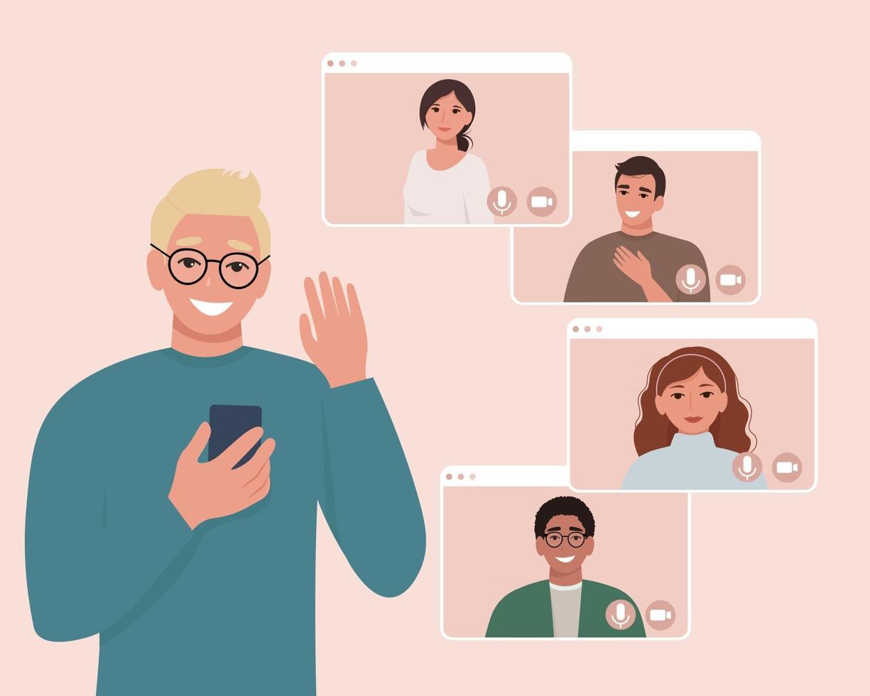 Video call conference on the phone with friends or colleagues. Vector illustration in flat style