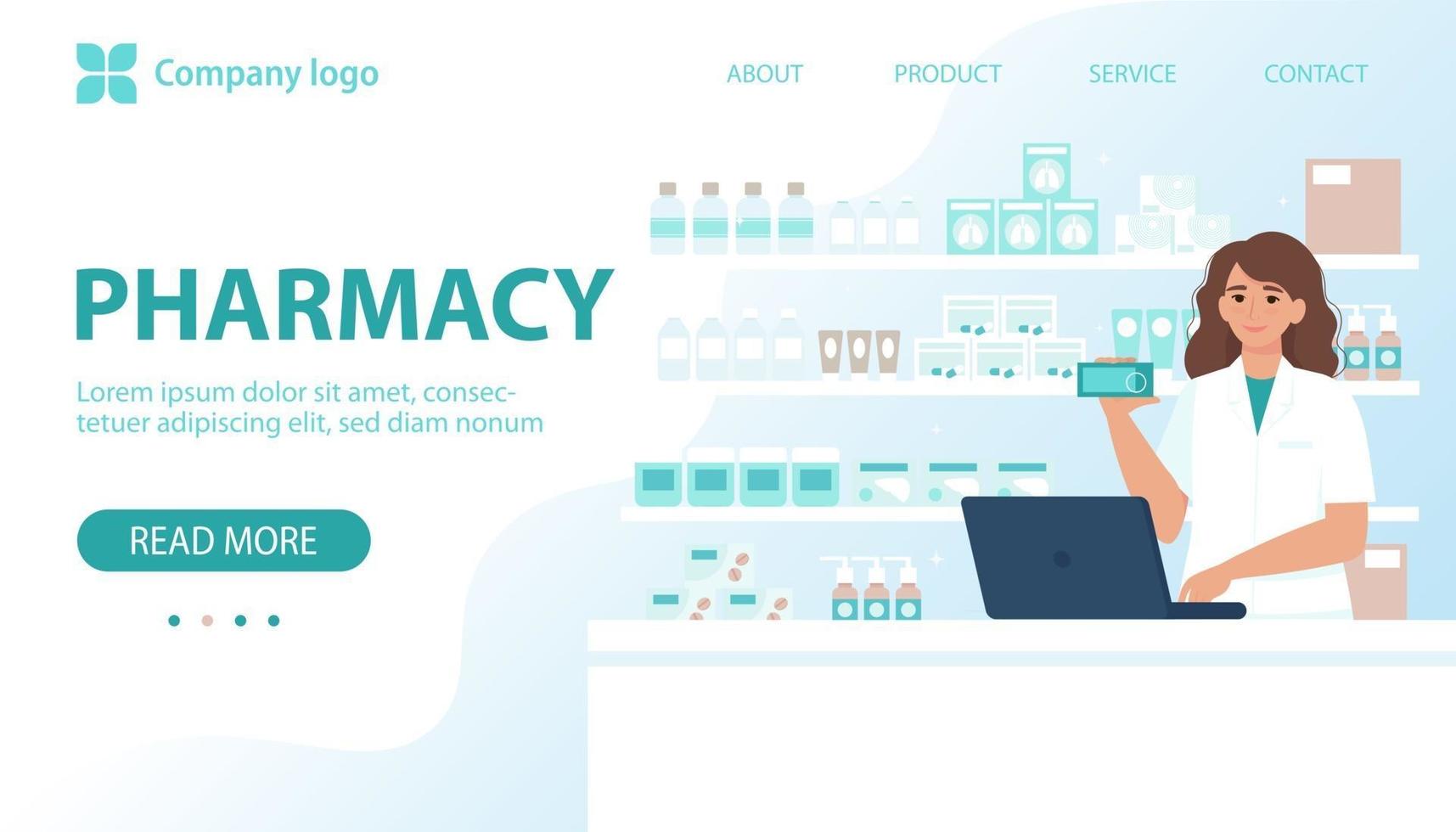 Pharmacy concept. Female pharmacist behind the counter in a drugstore selling medicine. Vector illustration in flat style for banner, landing page, web page
