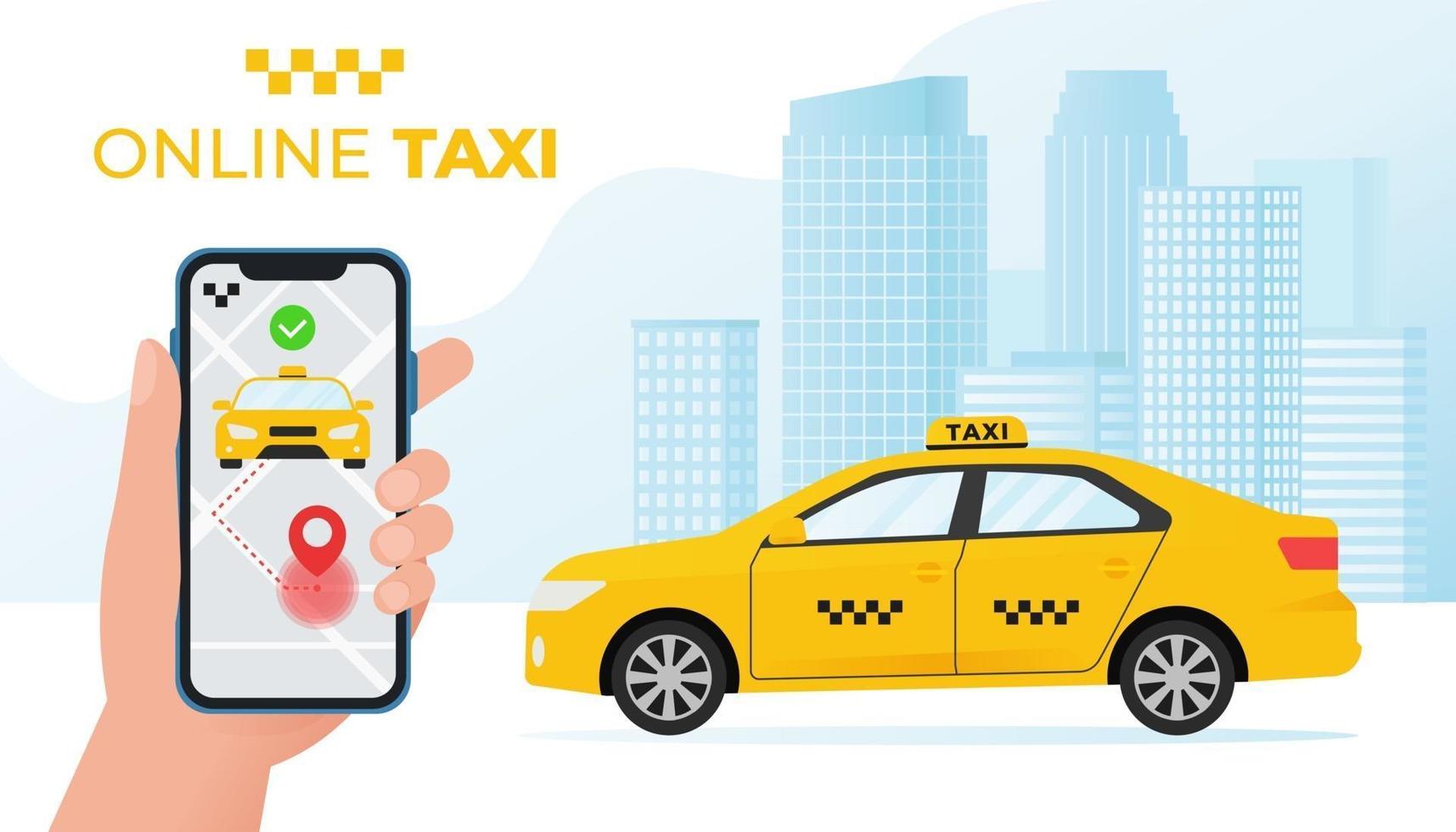 Online taxi service concept. Yellow taxi car and hand holding smartphone with taxi application on city background. Vector illustration in flat style