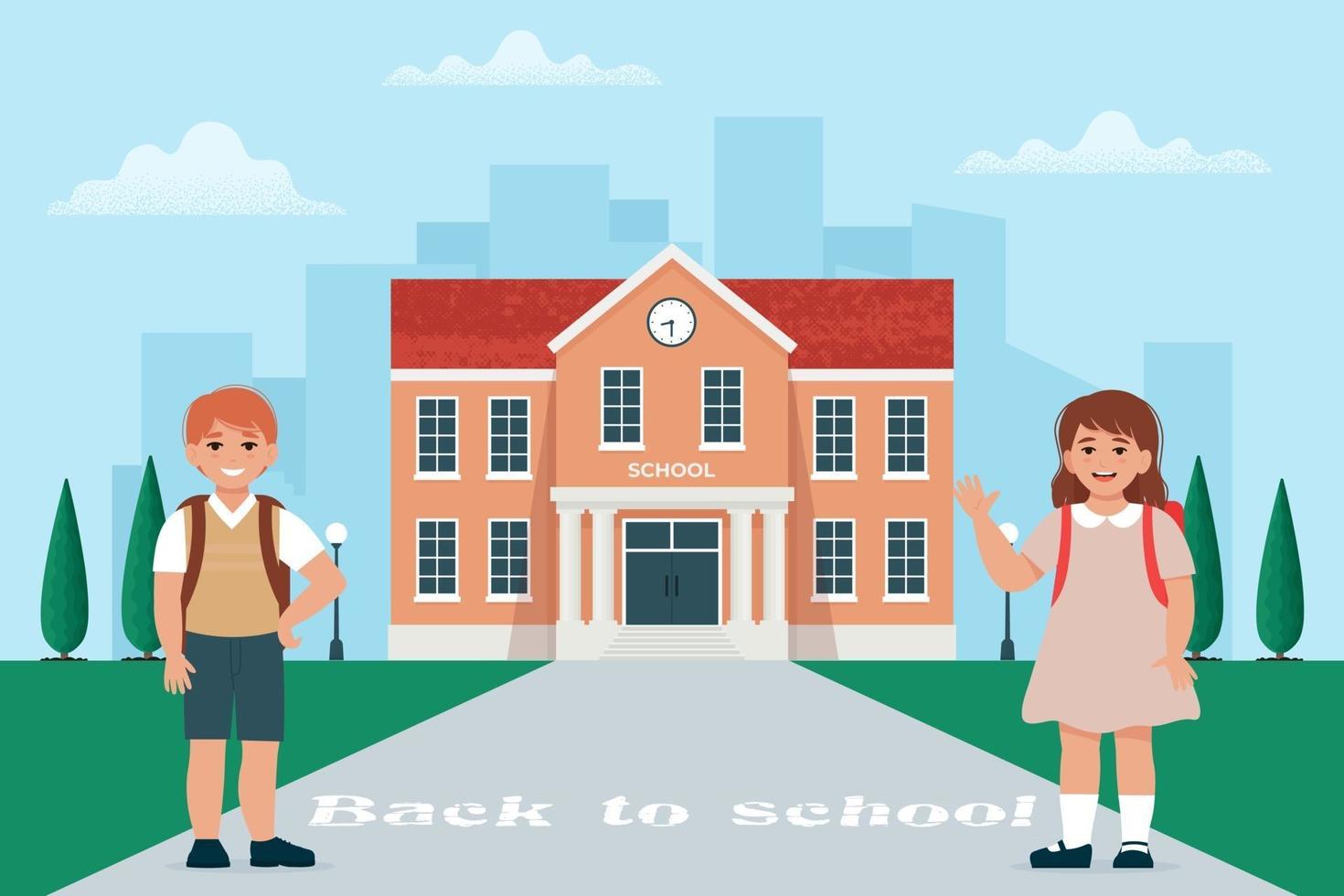 alumno niña y niño con mochilas escolares cerca del edificio de la escuela, niños felices. volver al concepto de escuela. ilustración vectorial en estilo plano vector