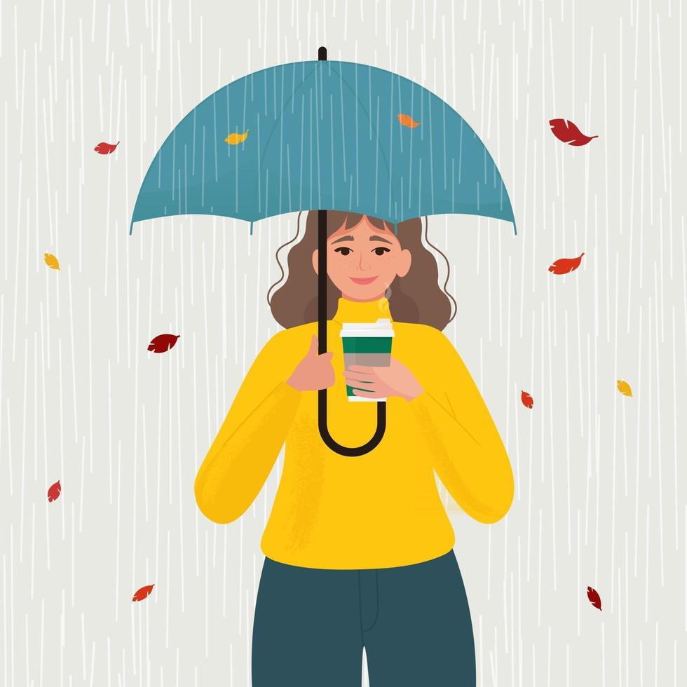 Girl with umbrella. Young Woman under an umbrella in the rain at autumn. Vector flat illustration