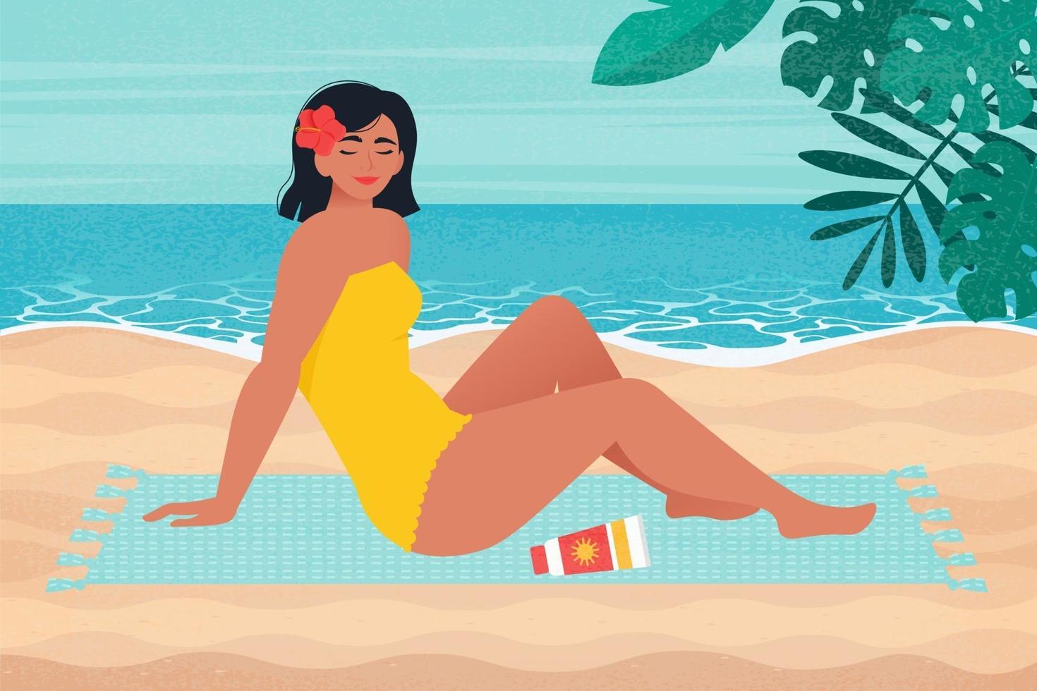 Retro poster with beautiful woman, sunbathing on the beach. Vector illustration in flat style