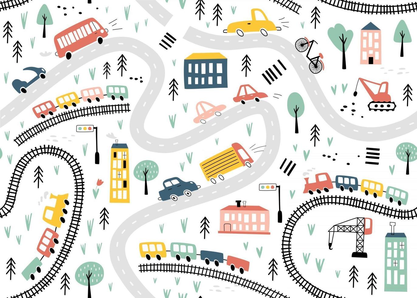 Seamless pattern with hand drawn cars, trains and road. Vector