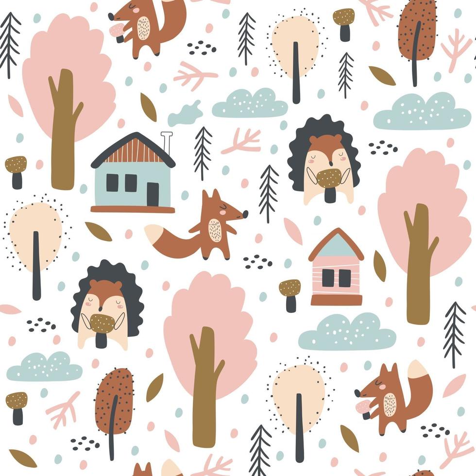 Seamless pattern with fox, hedgehogs, autumn leaves and trees. Vecto vector