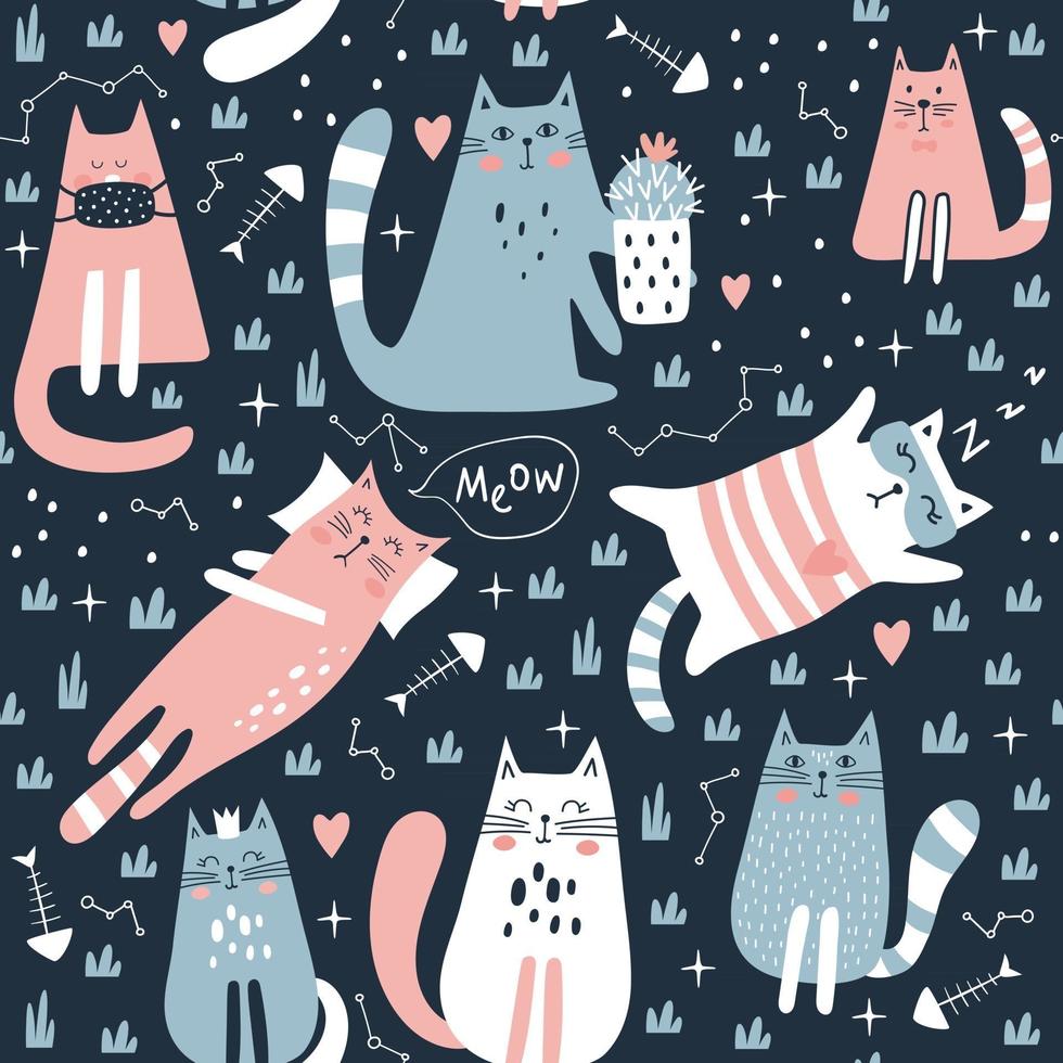 Seamless pattern with cute cat. Kids print. Vector