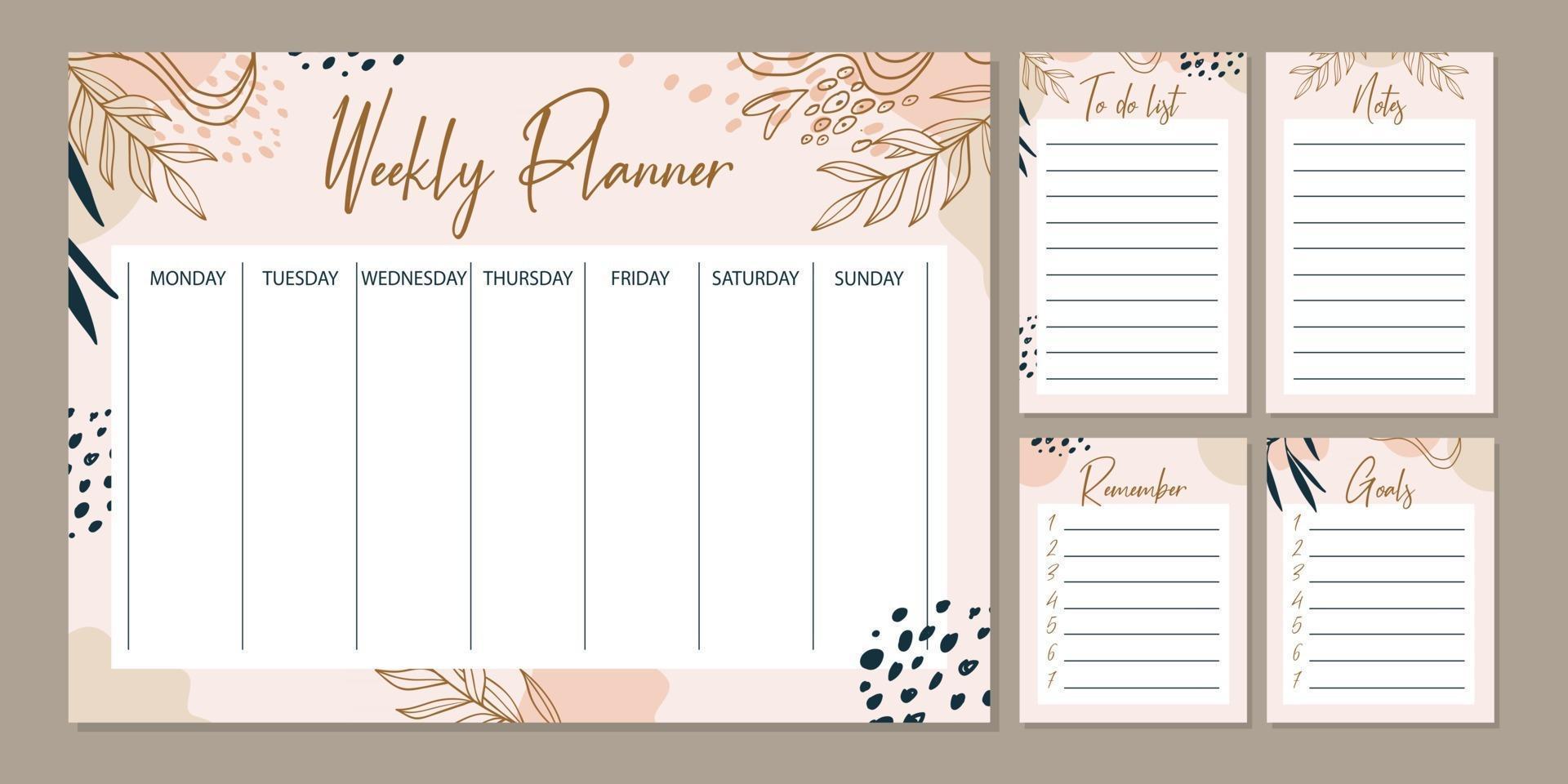 Weekly planner with various shapes, leaves and doodle objects. Vector