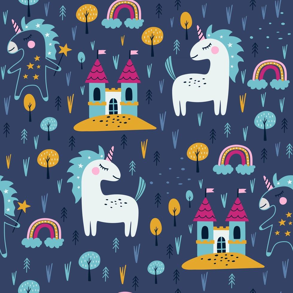 Seamless pattern with cute caticorn. Kids print. Vector