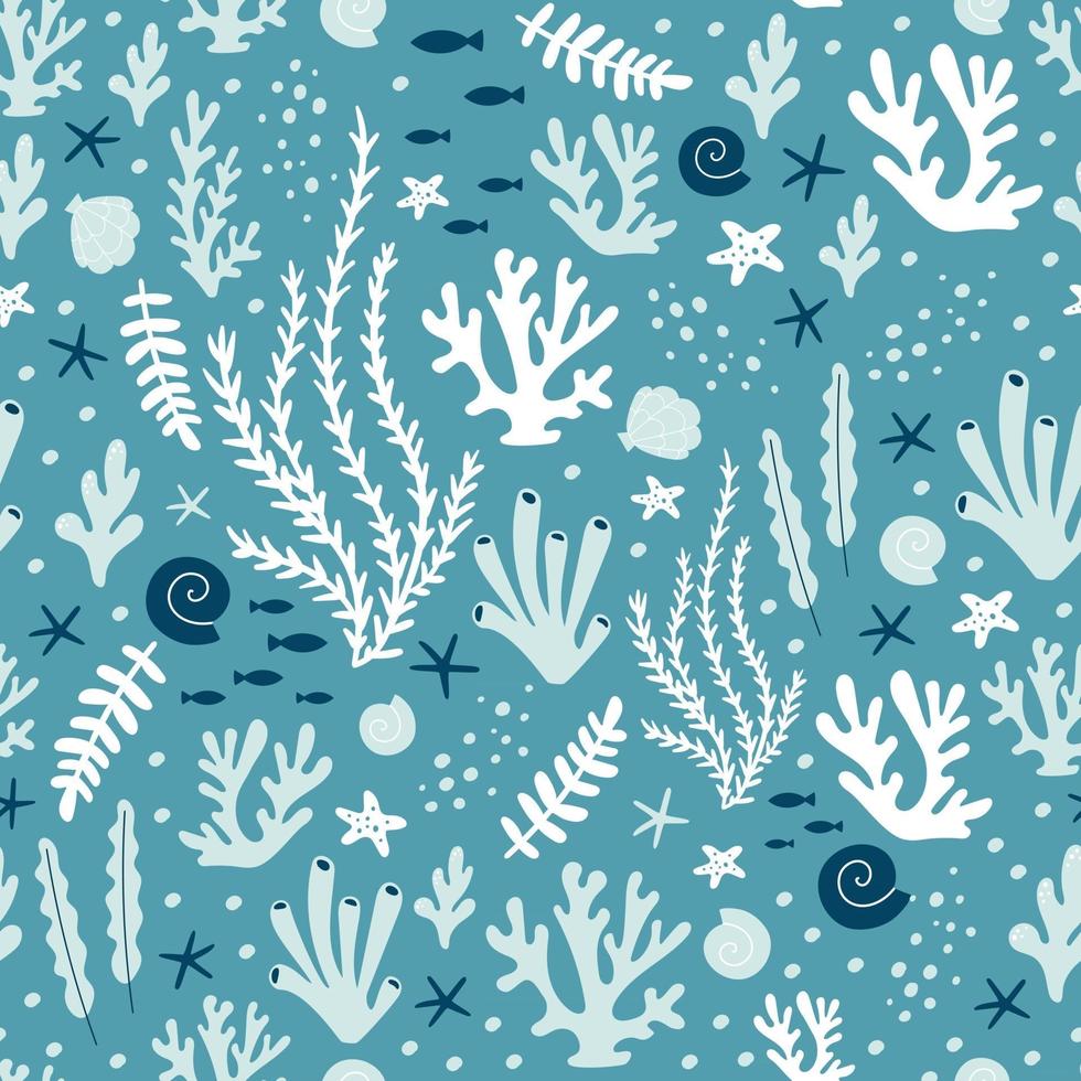 Seamless pattern with ocean corals, and seaweeds. Vector