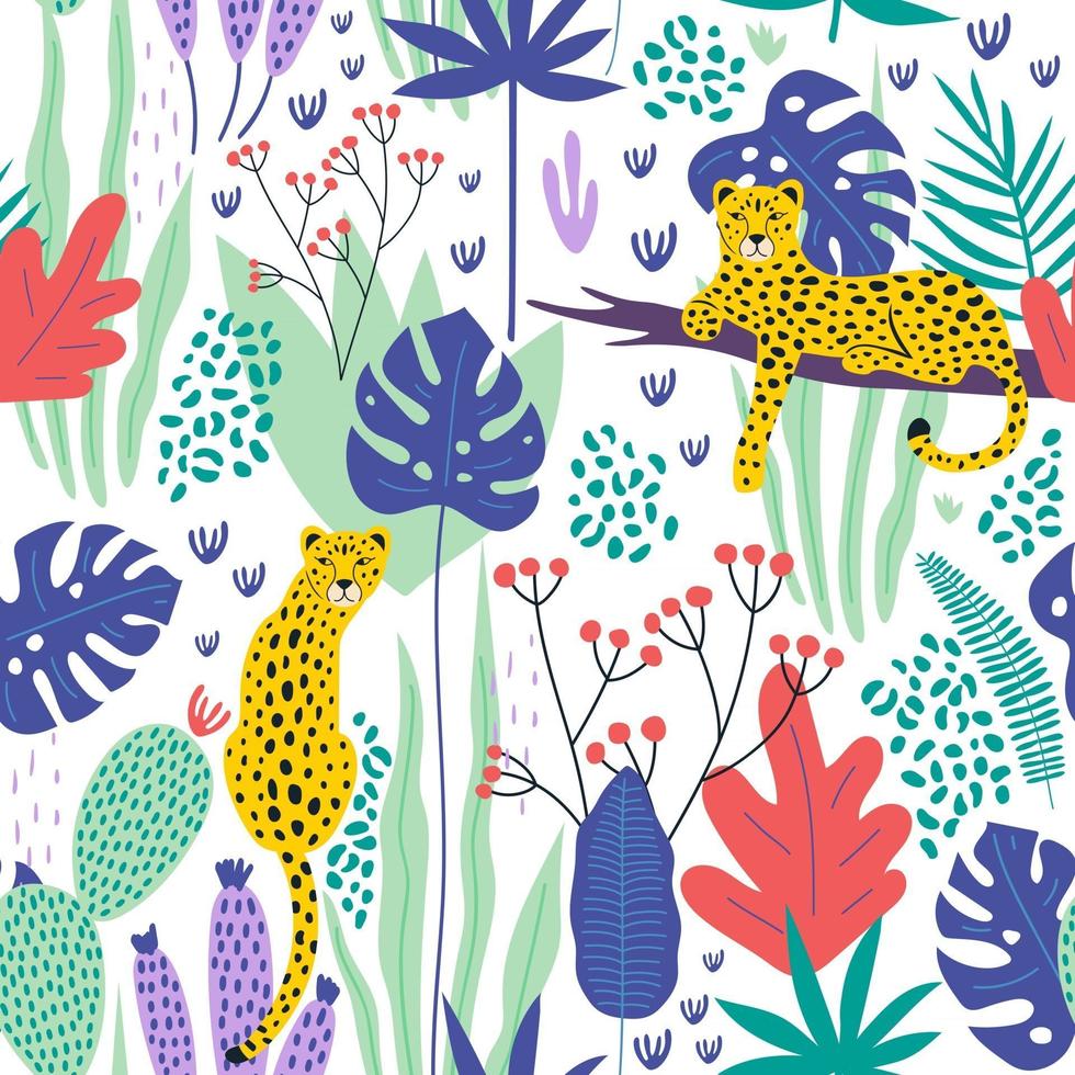 patrón transparente con leopardos y hojas tropicales. vector
