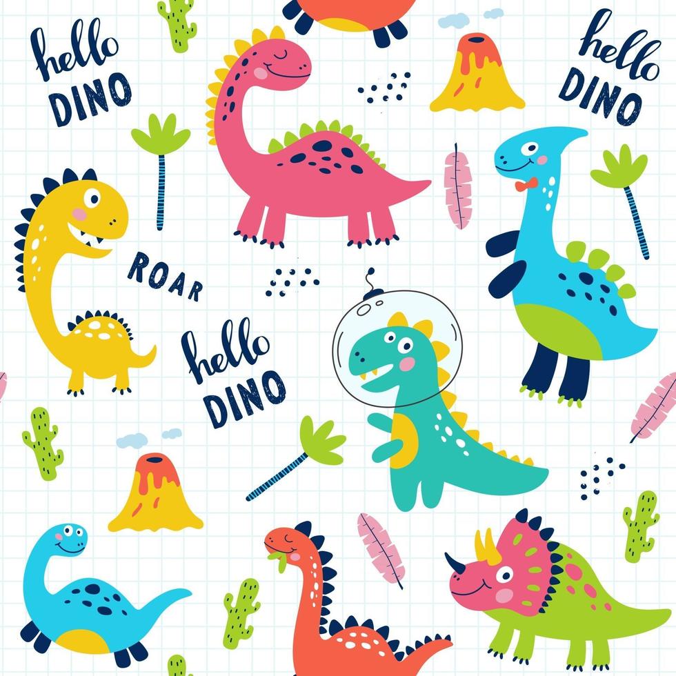 Seamless pattern with cute dinosaurs for children print. Vector