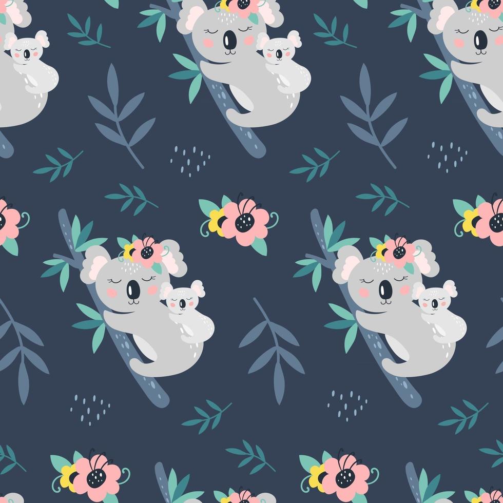 Seamless pattern with cute koala on a blue background. Vector