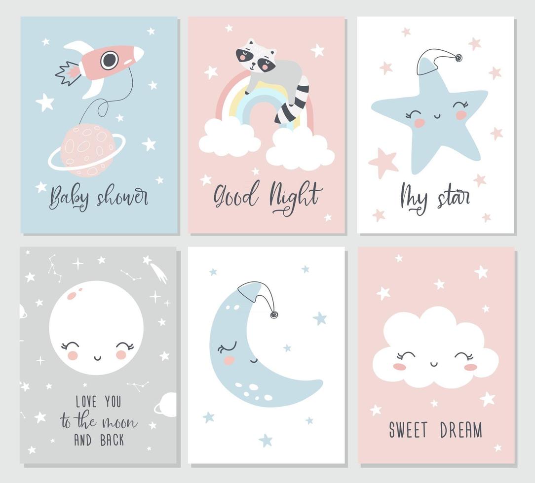 coloque lindas tarjetas con luna, nubes, mapaches, estrellas y frases. vector