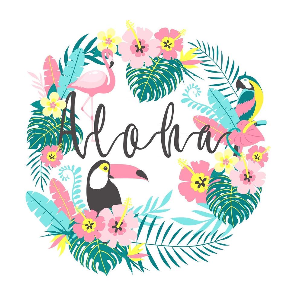 Toucan with flamingo, parrot, tropical flowers.  Vector