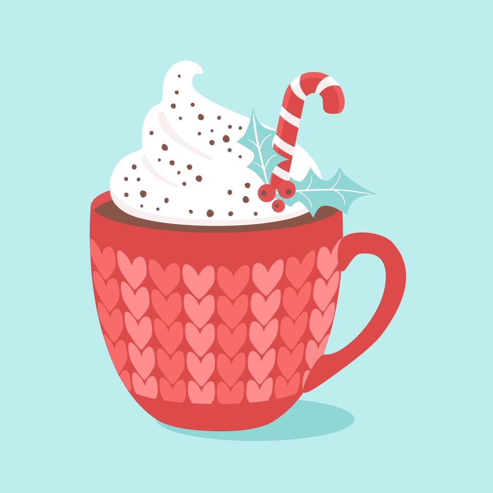 chocolate caliente navideño con crema y bastón de caramelo. vector