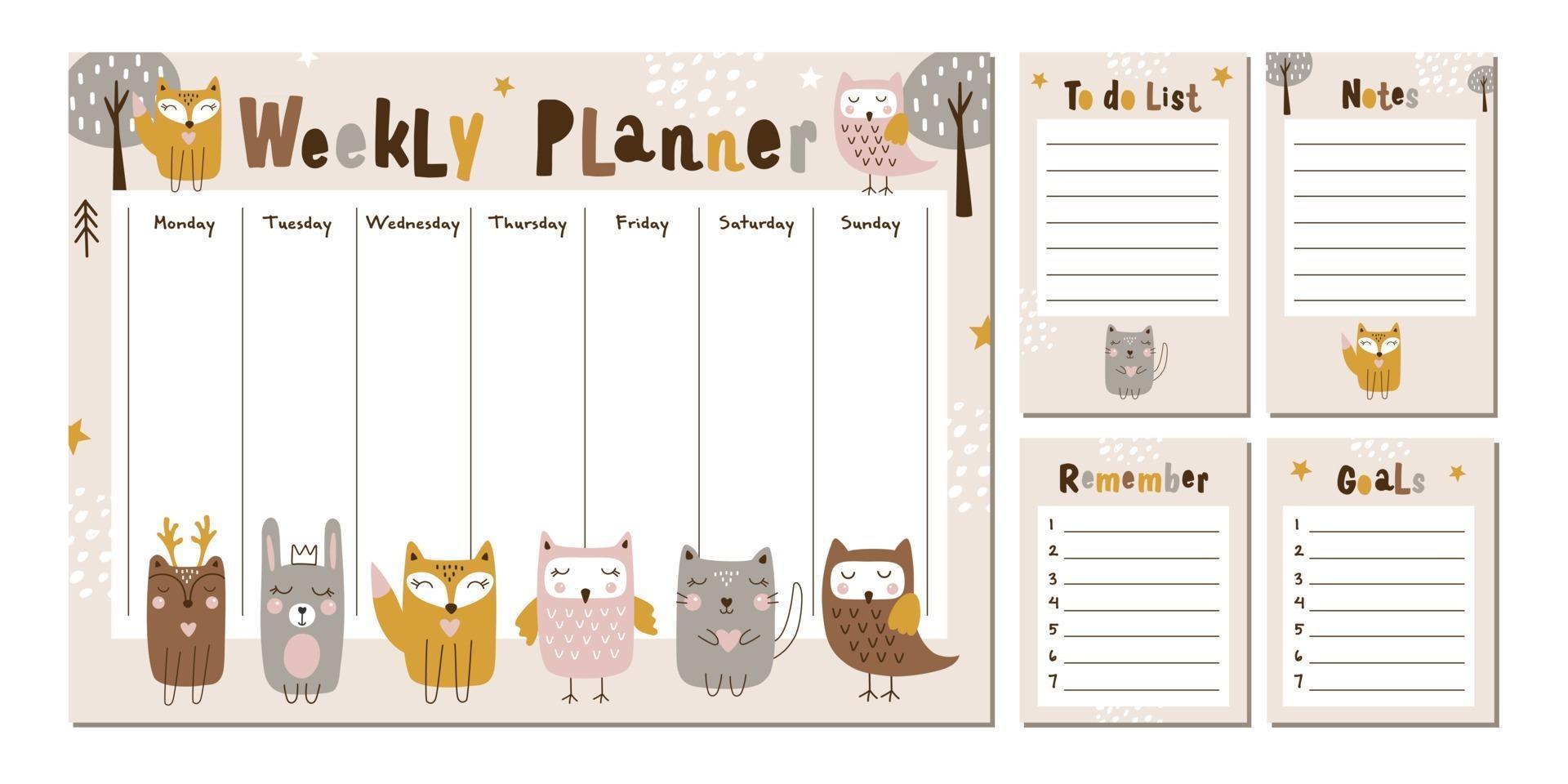 Weekly planner with cute forest animals. Vector