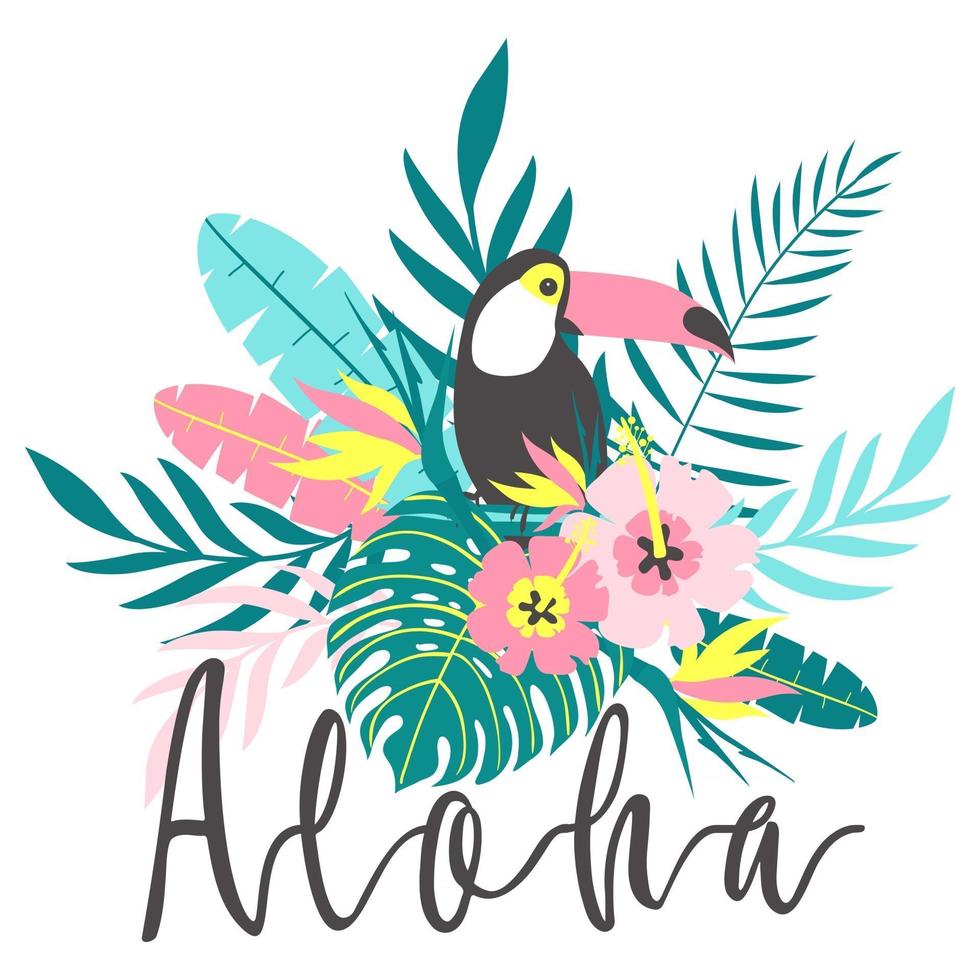 tucán con flores tropicales, hojas de palmera, hibisco, vector