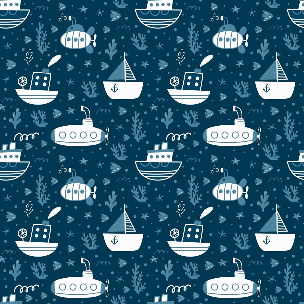 Seamless pattern with ships, submarines, sailboat. Vector