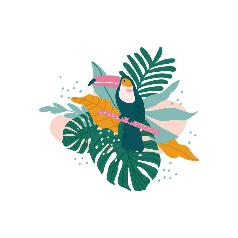 tucán con hojas tropicales, monstera, hojas de palma, hibisco, vector