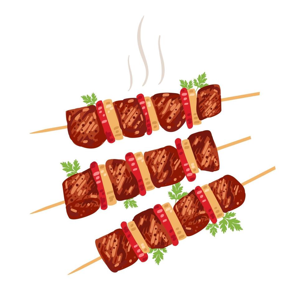 Shish kebab on skewers with onions and tomatoes. Vector