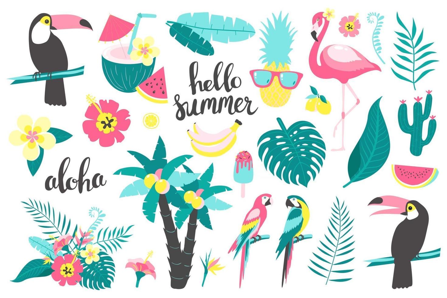 Summer set of tropical leaves, flamingos, toucan, parrot. Vector