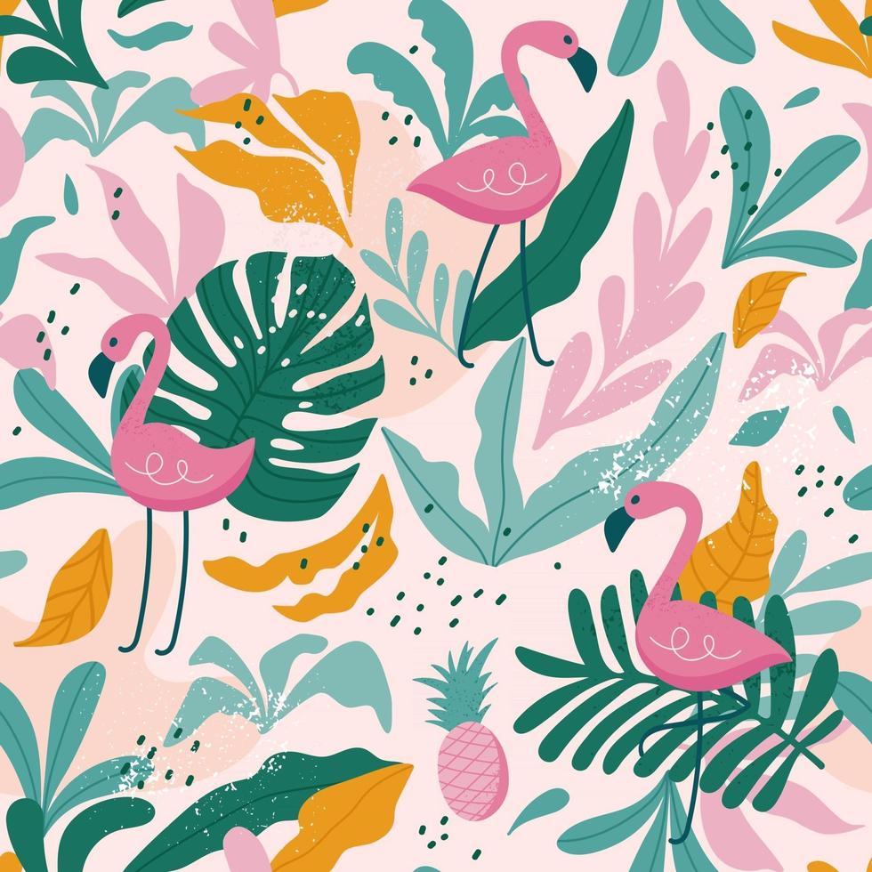 Tropical seamless pattern with flamingos, exotic leaves. Vector