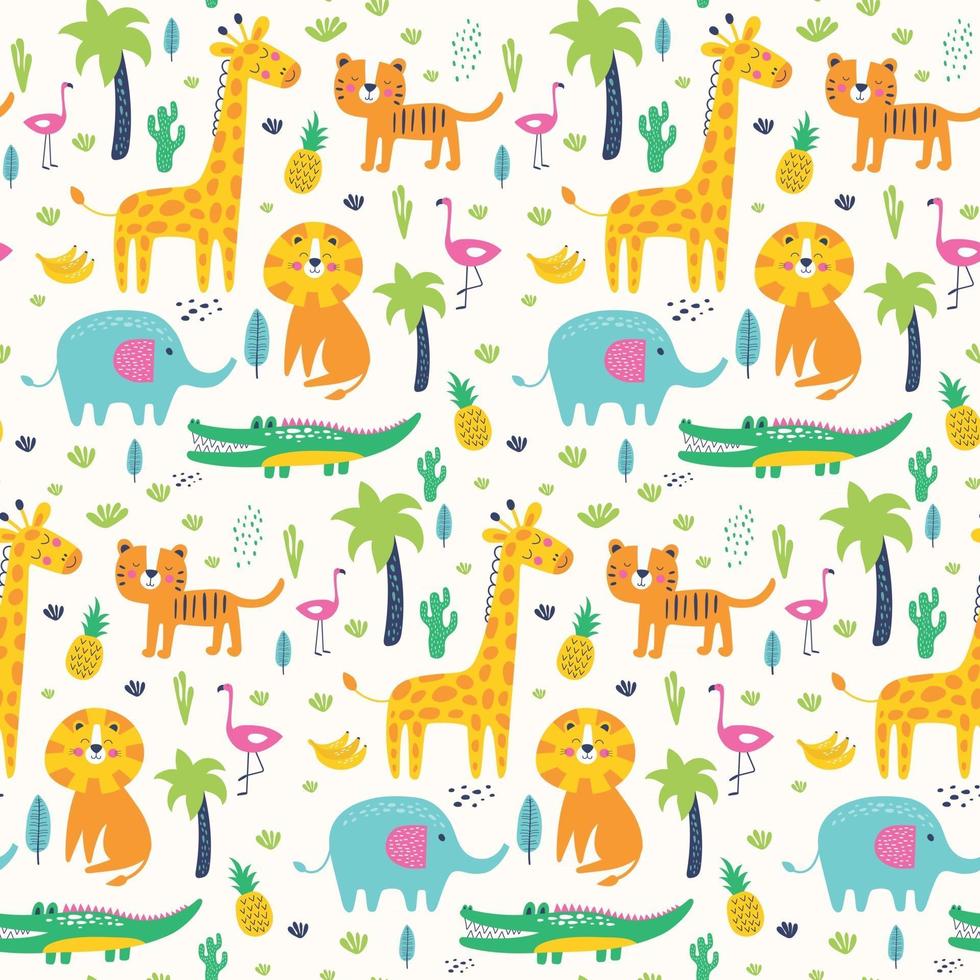 Seamless pattern wild animals in jungle. Kids vector