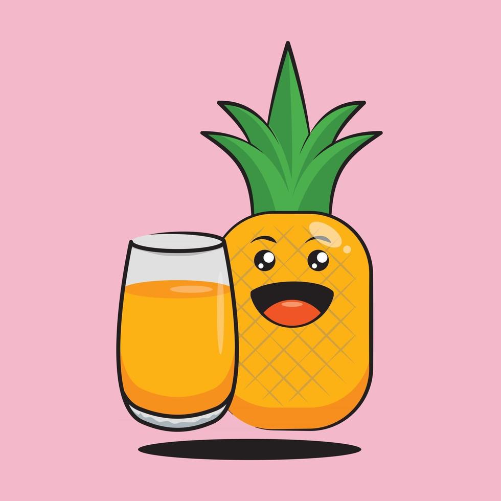 lindo personaje de piña y diseño de vector de jugo de piña