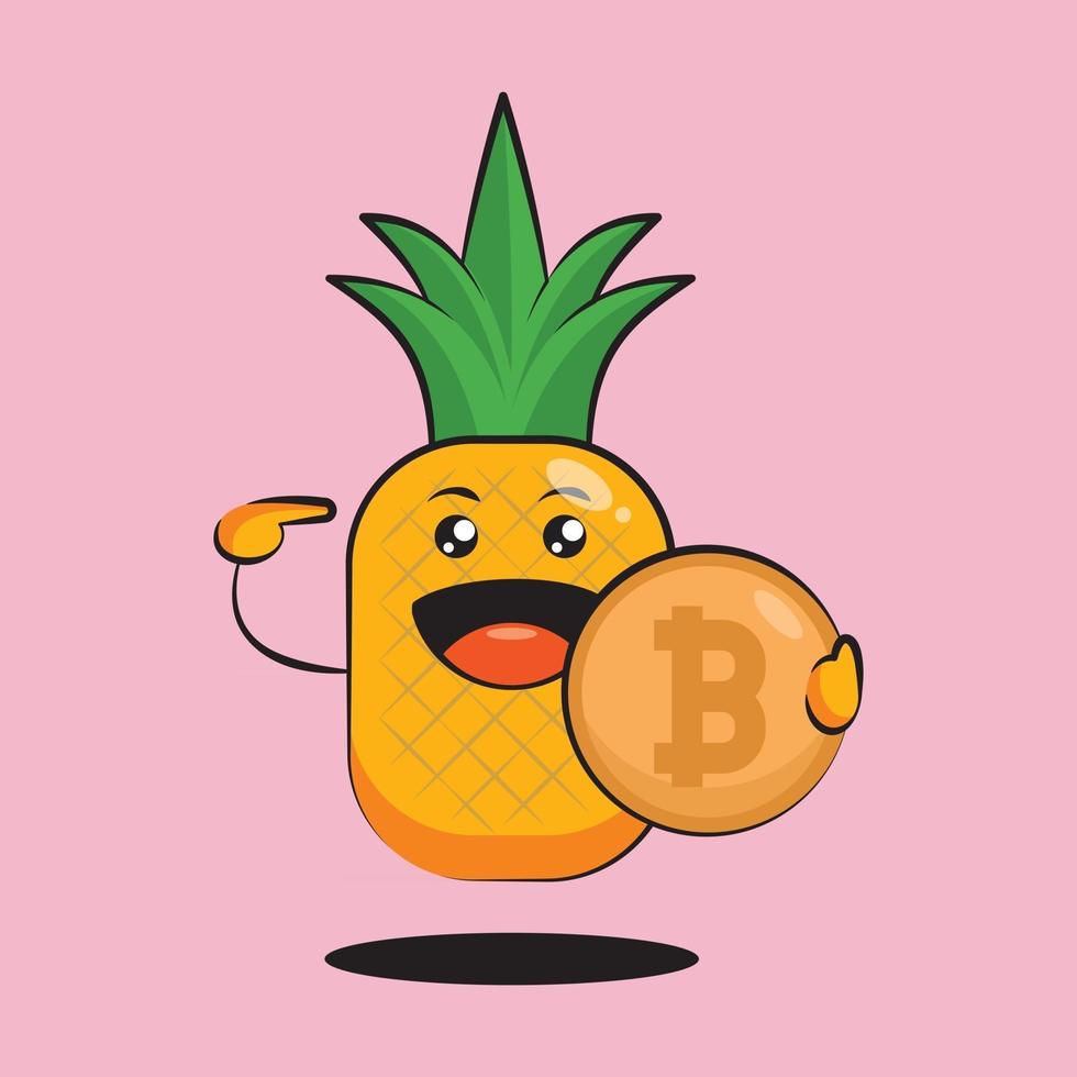 Cute dibujos animados de piña abrazando bitcoin vector