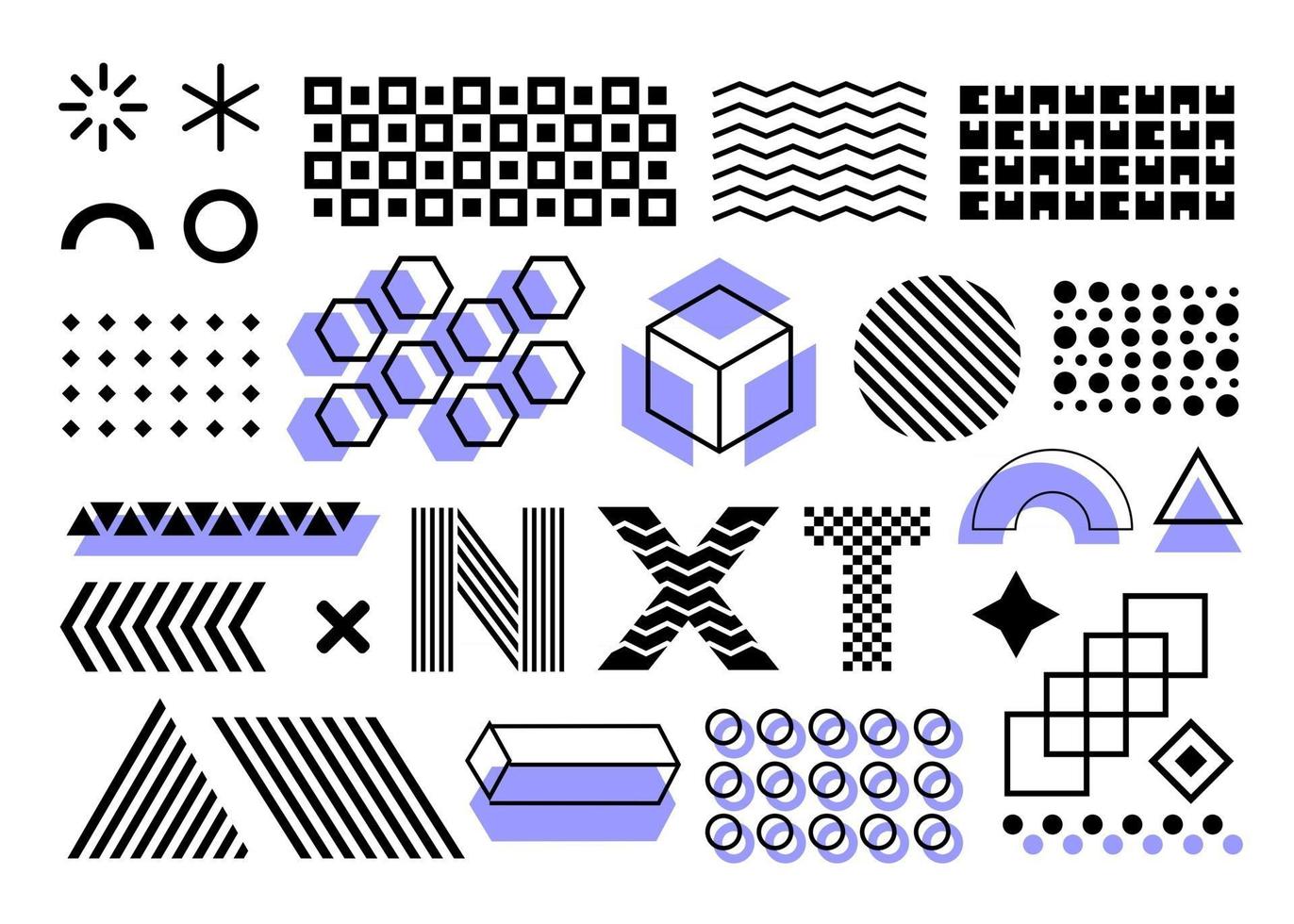 Memphis vector flat design elements. Black and sky blue combination