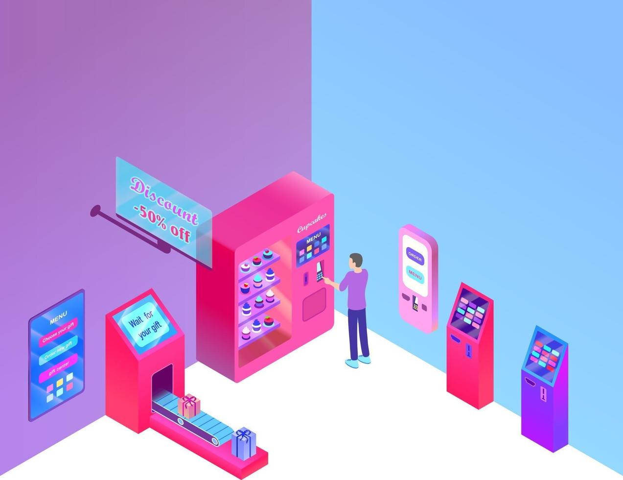 trade center isometric design, person standing near kiosk vector